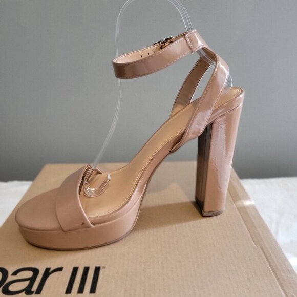 Bar III Womens Camel Patent Leather Strappy Platform Block Heel Sandals US 9.5M - Picture 2 of 8